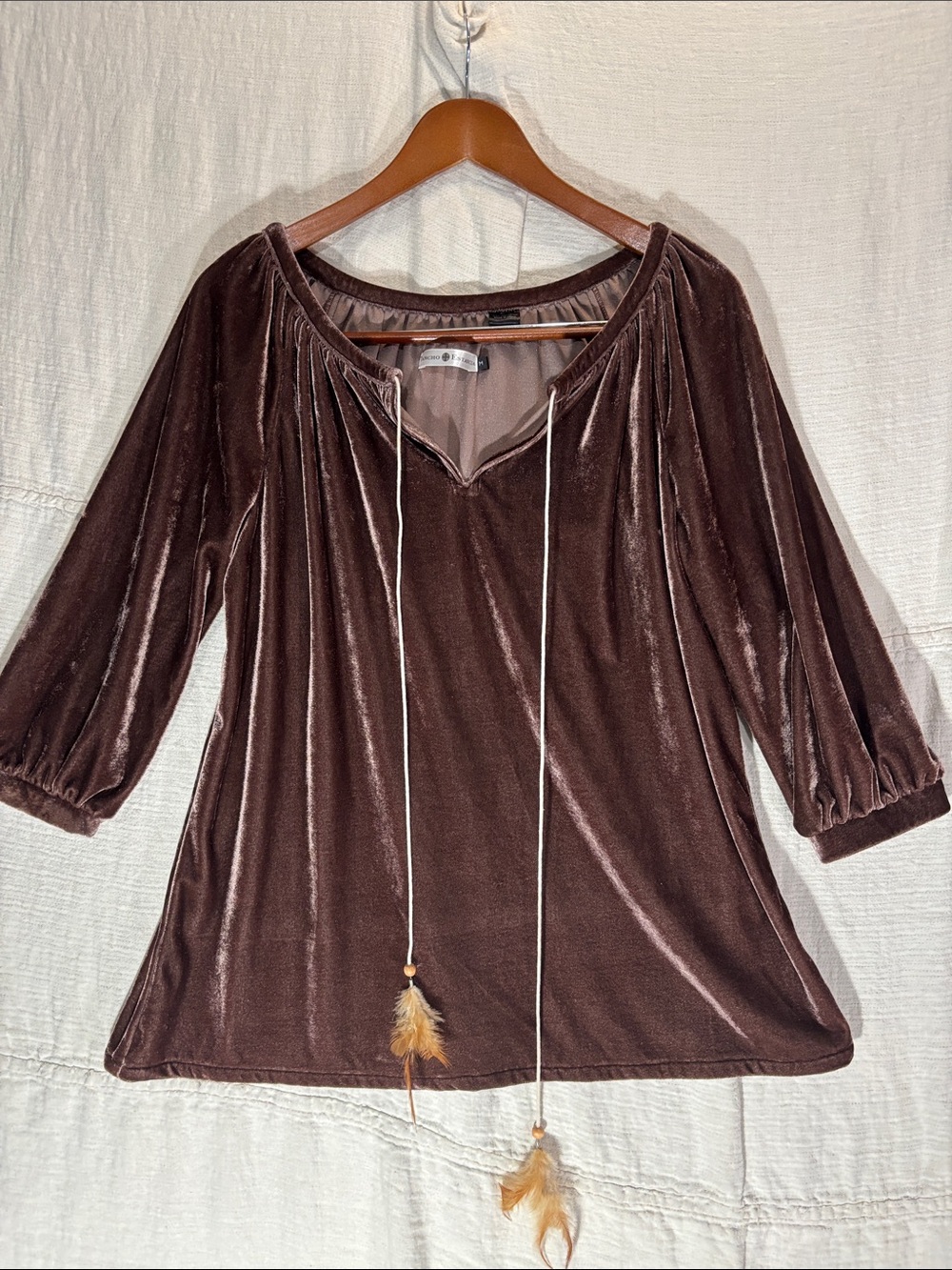 Rancho Estancia Brown Velvet Boho Top Feather Tassel Peasant Tunic Size M EUC